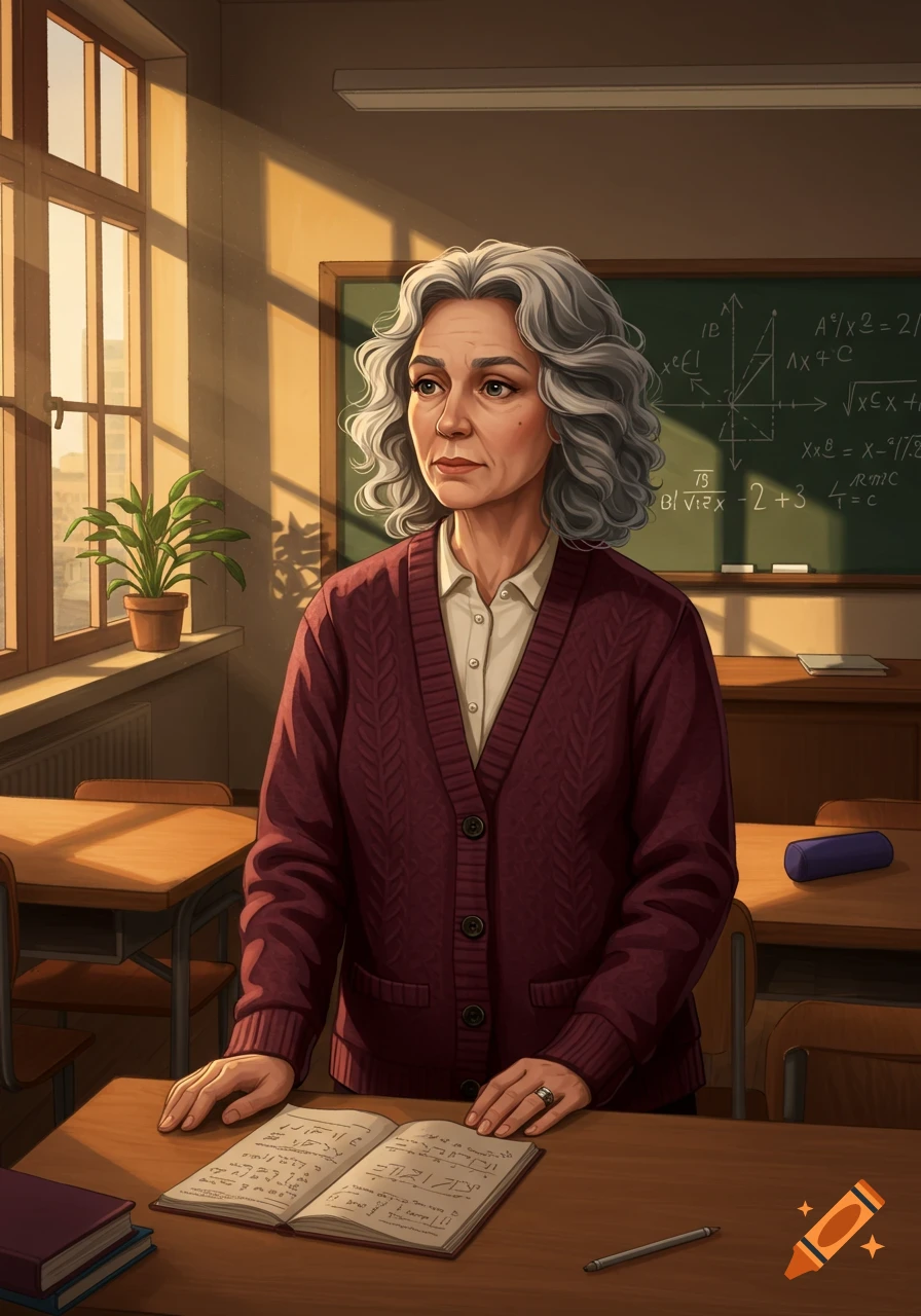 A middle-aged female teacher with curly gray hair and a maroon cardigan stands in a sunlit classroom, looking thoughtfully into the distance. An open book with illegible text lies on the desk in front of her.