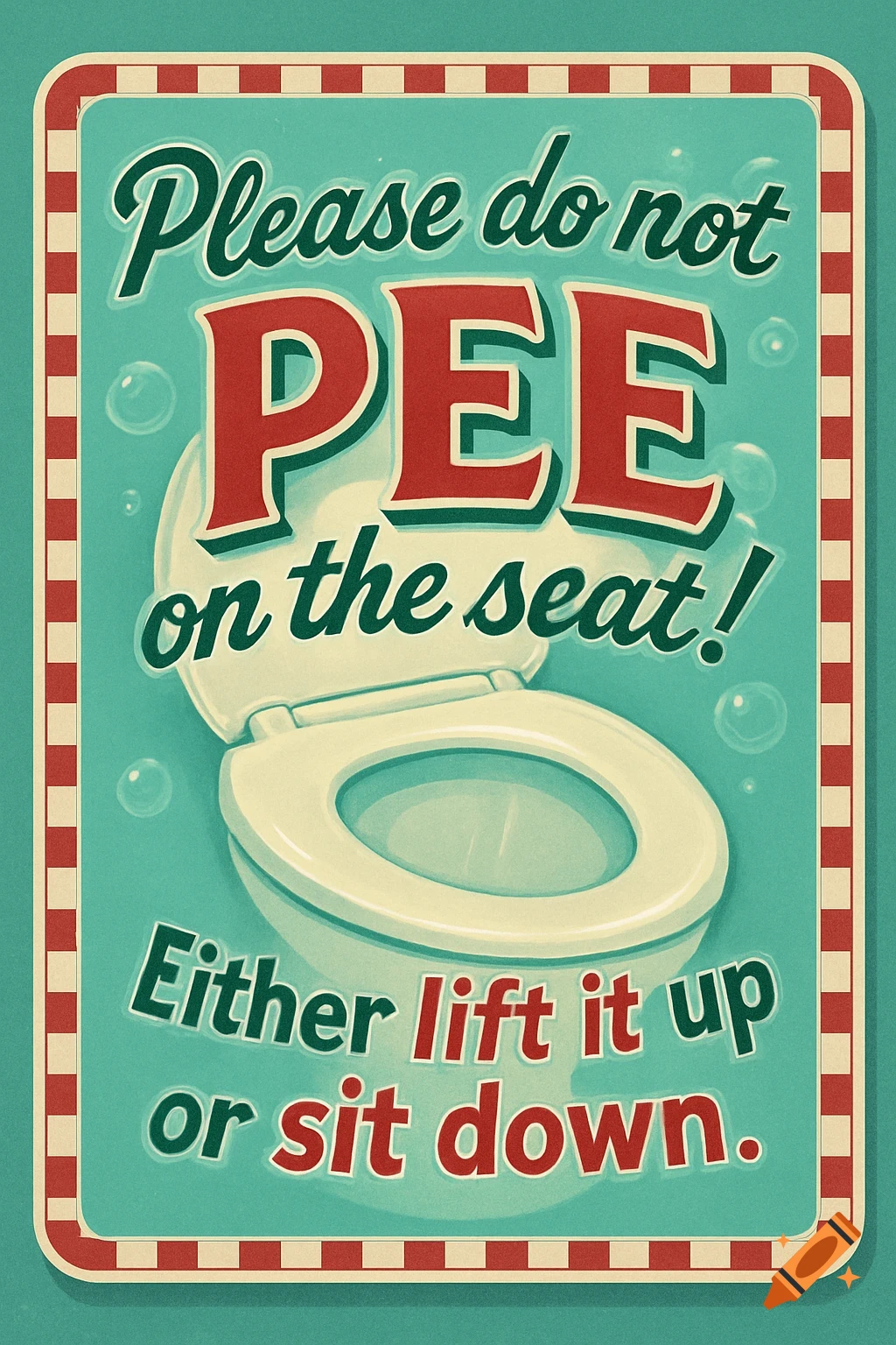 A vintage-style turquoise sign with red and white borders and a toilet, reading 'Please do not PEE on the seat! Either lift it up or sit down.'