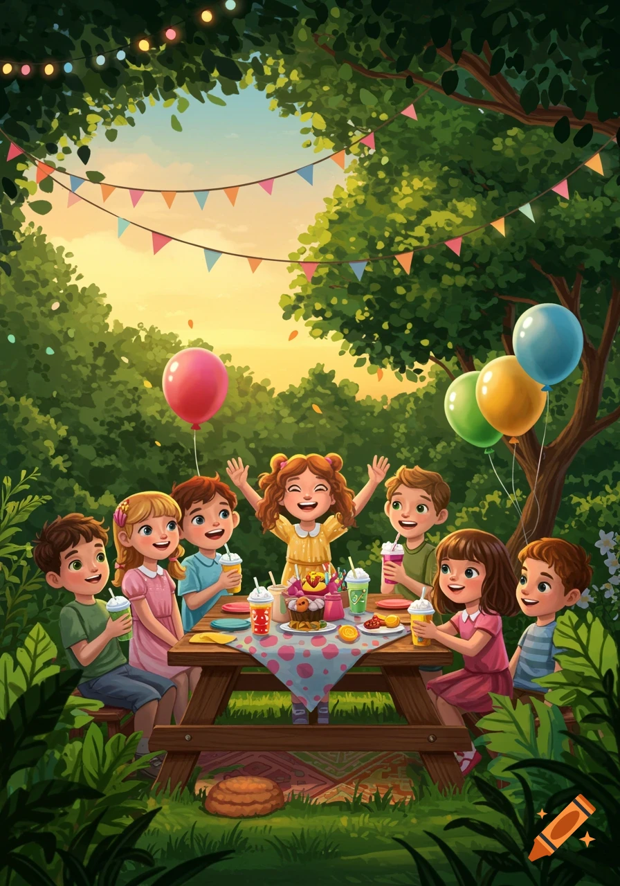 Happy cartoon children celebrate a birthday party outdoors with balloons, colorful garlands, and drinks around a picnic table.
