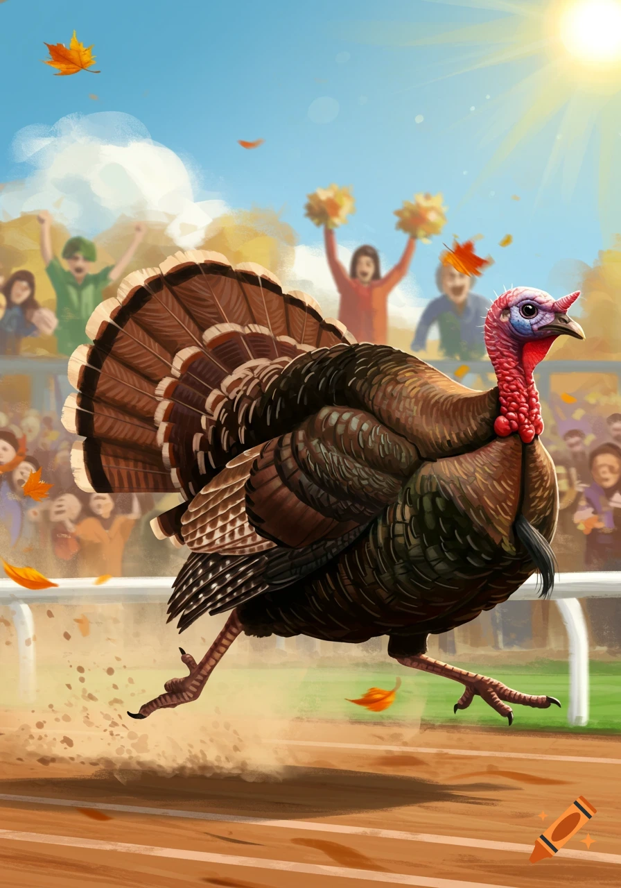 An illustrated turkey with a small horn runs a race on a dirt track, kicking up dust, as autumn leaves fall and a cheering crowd watches.