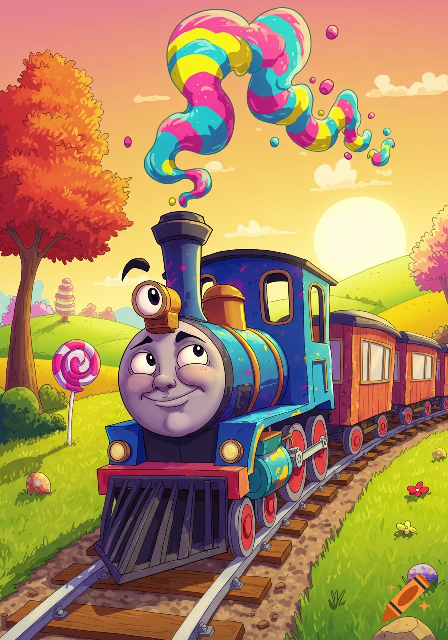 A happy blue cartoon train puffs colorful, striped smoke in a whimsical candy land with a lollipop, trees, and sunset sky.