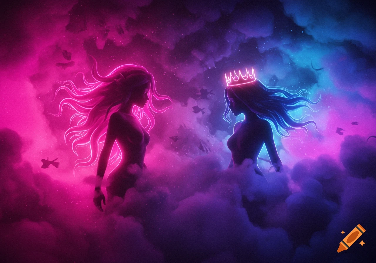 Two glowing, silhouetted female figures, one pink and one blue, stand amidst vibrant pink and blue clouds, facing each other. The blue figure wears a neon crown.
