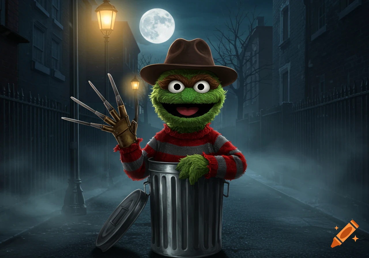 Oscar the Grouch as Freddy Krueger, with a clawed glove, in a trash can on a foggy, moonlit street.