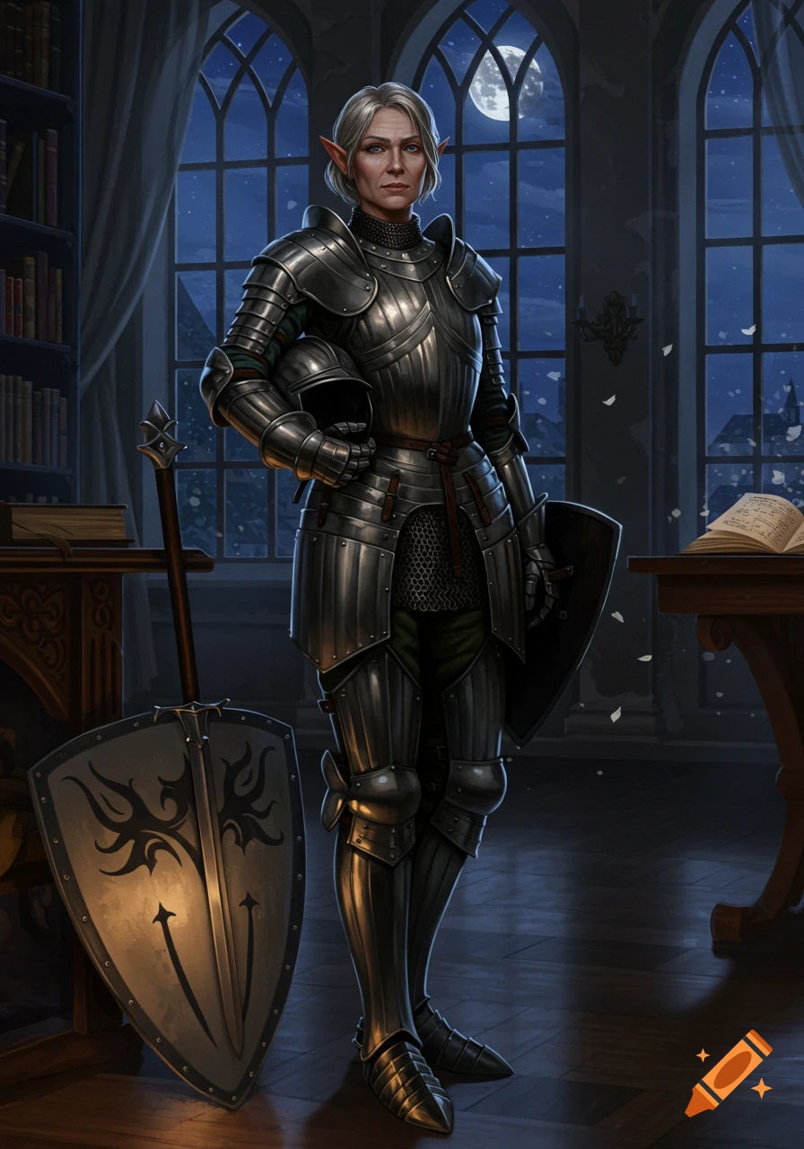 Detailed fantasy art of a middle-aged female elf in full plate armor, holding a helmet, in a moonlit study.