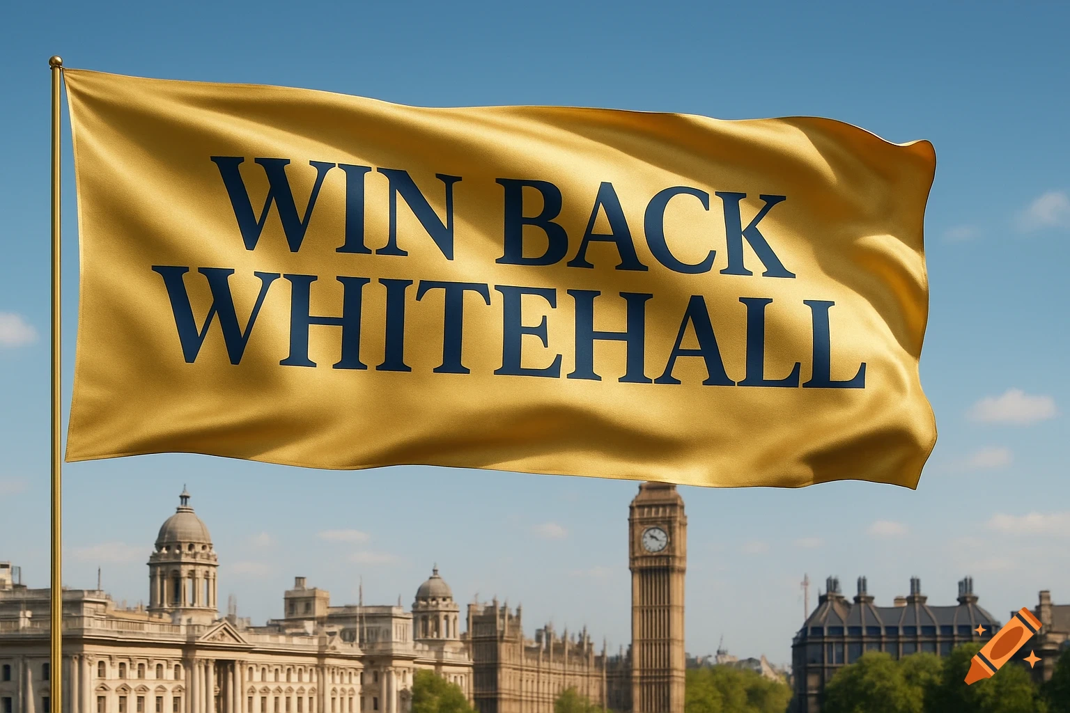 A golden flag with 'WIN BACK WHITEHALL' in blue text, flying over a photorealistic London cityscape with Big Ben.