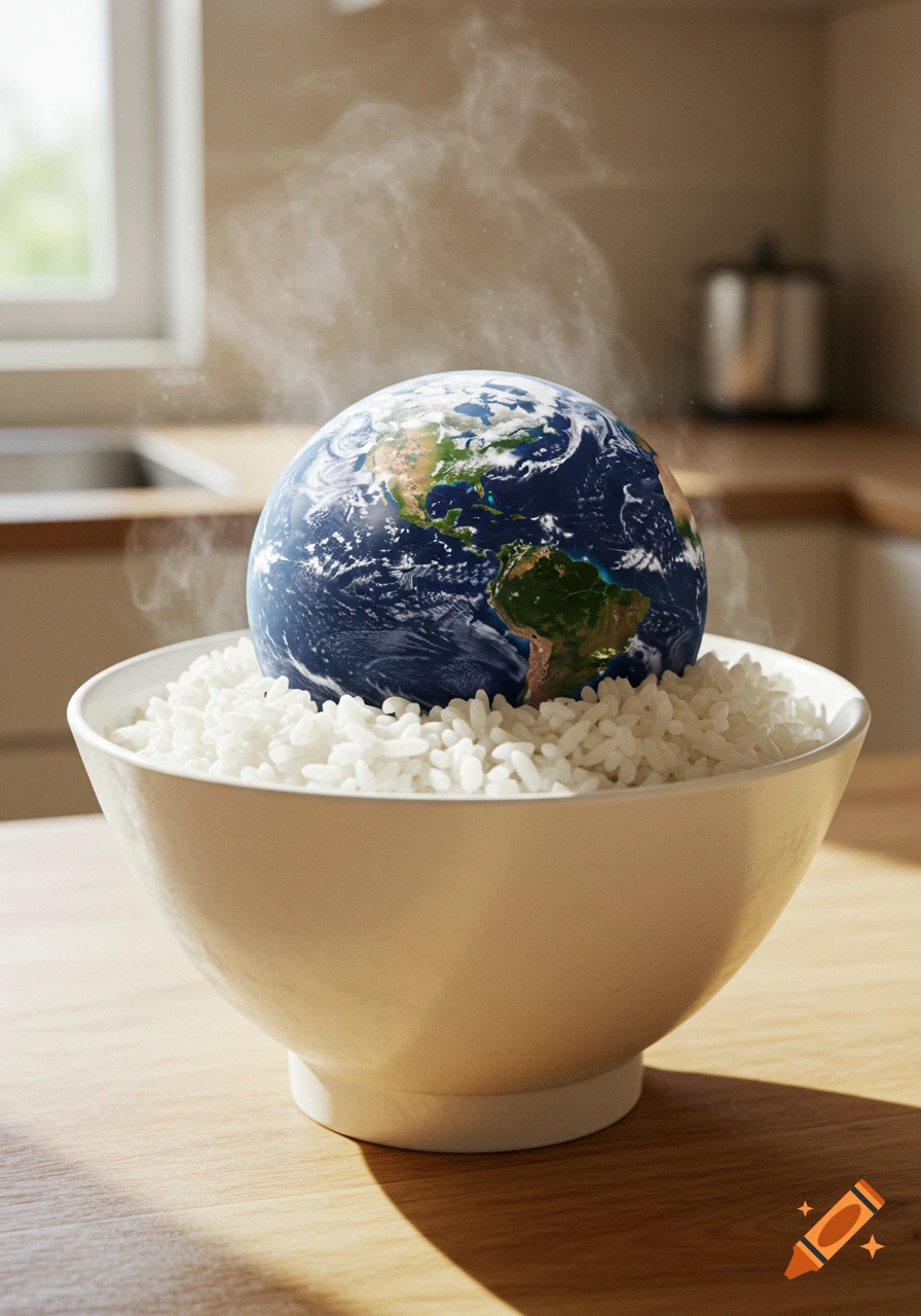 Photorealistic image of planet Earth sitting in a bowl of steaming white rice on a wooden kitchen counter.