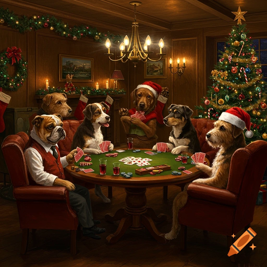 Oil painting of dogs wearing Santa hats playing poker around a table in a dimly lit, festive room with a Christmas tree.