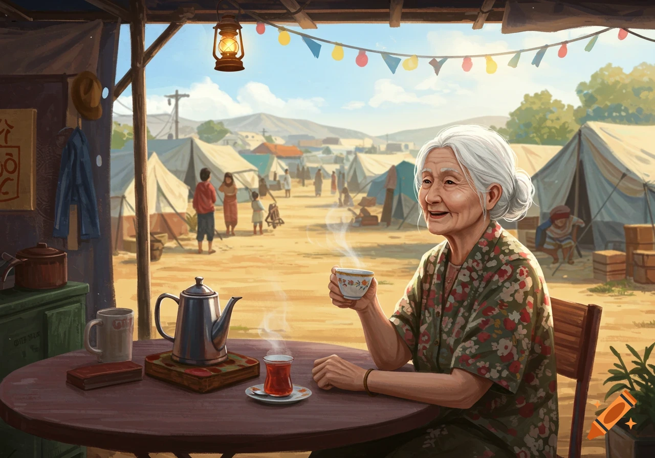 Elderly woman sips tea and smiles in an illustrative scene of a bustling refugee camp with tents and people in the background.