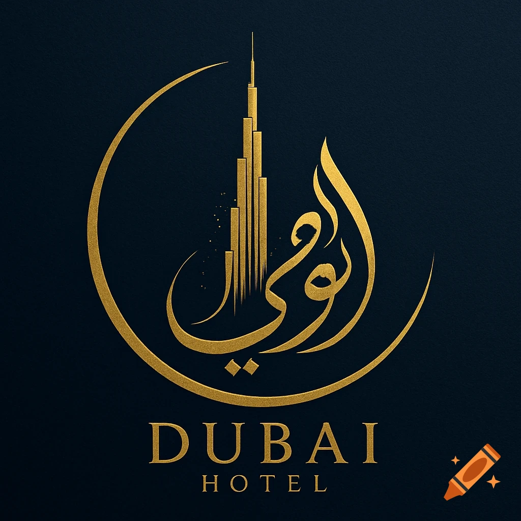A gold logo for Dubai Hotel featuring a stylized skyscraper and Arabic calligraphy on a dark background.