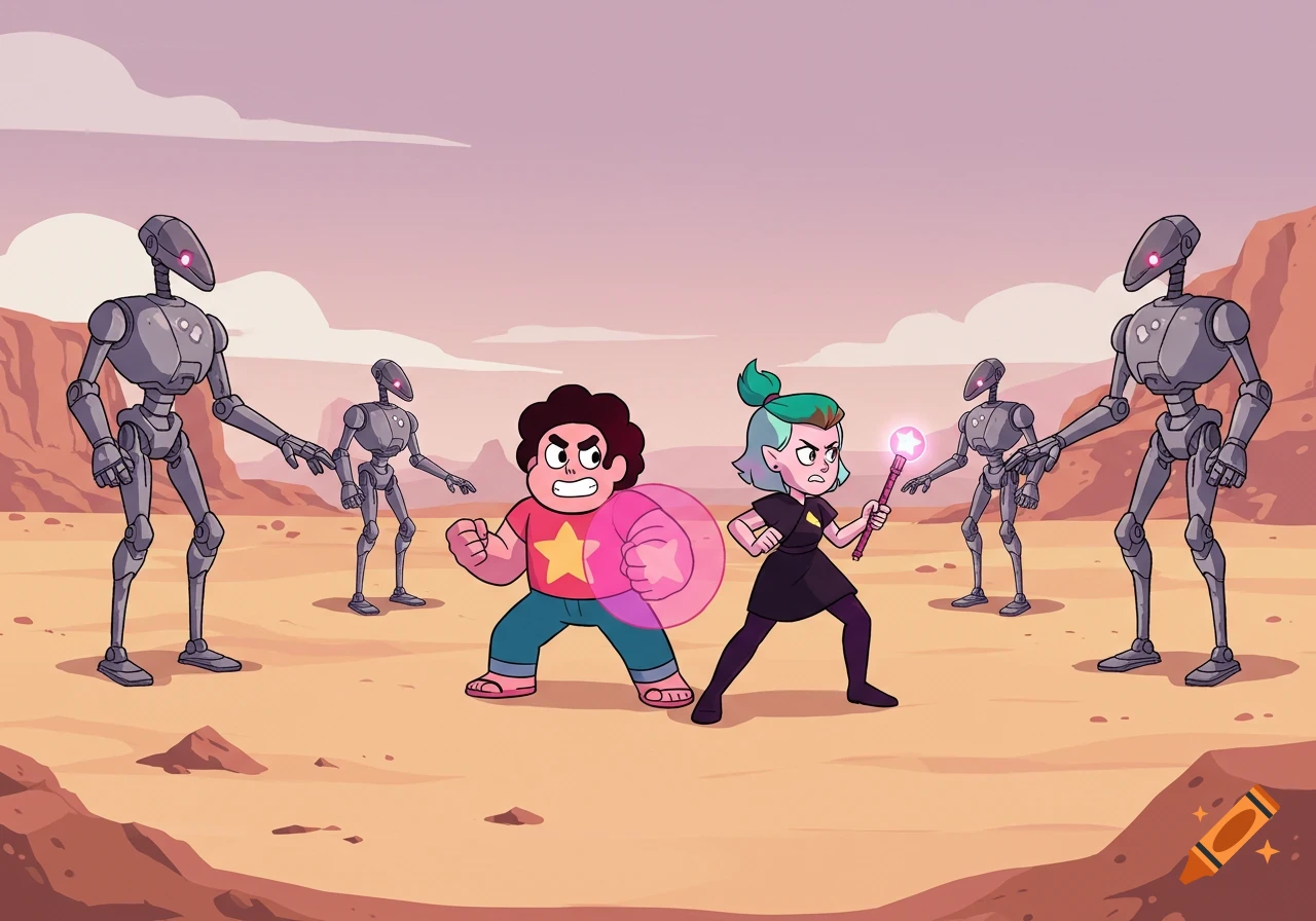 Steven Universe and Amity Blight prepare to fight a group of battle droids in a cartoon desert landscape.