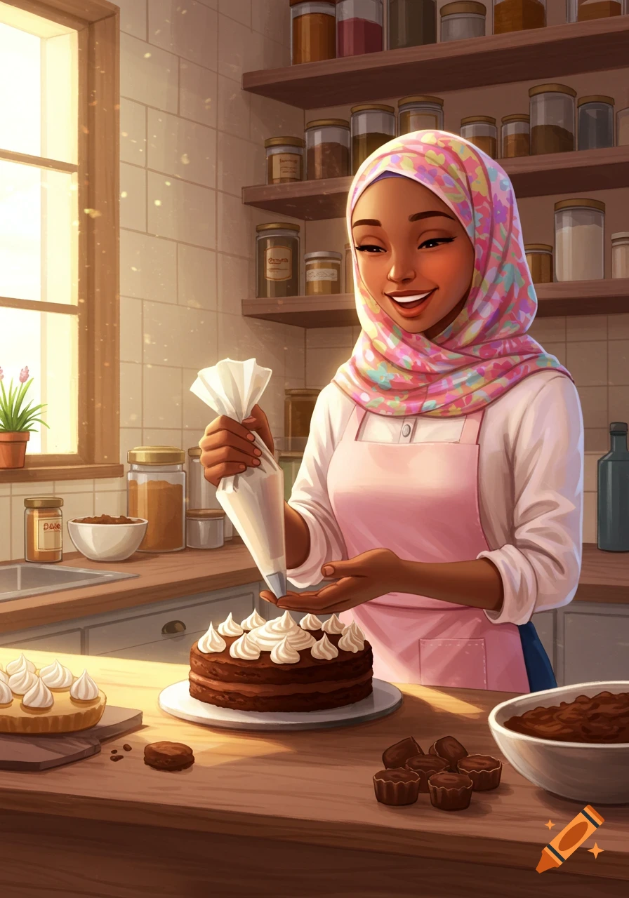 A smiling hijabi woman decorates a chocolate cake with white frosting from a piping bag in a colorful, sunlit kitchen illustration.