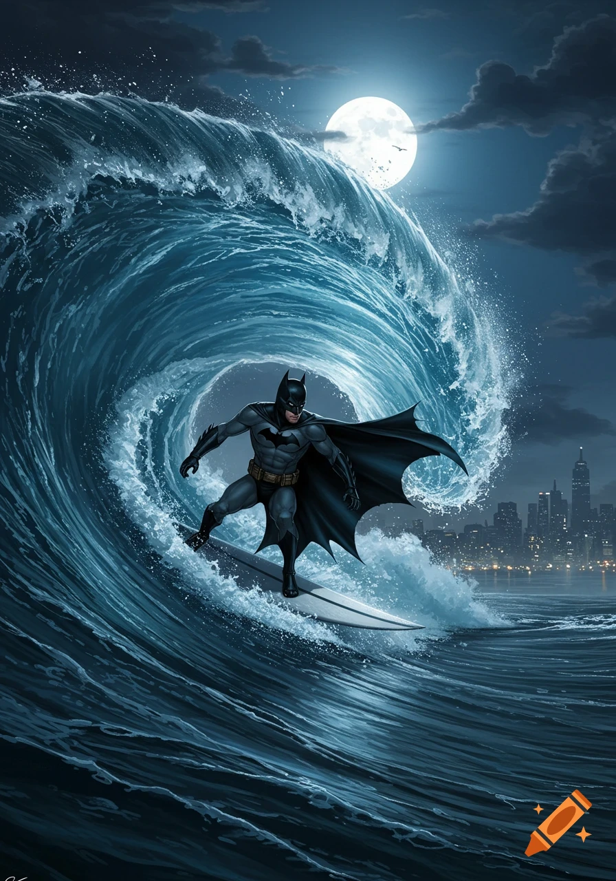 Batman surfs a large wave at night under a full moon, with a city skyline, in a comic art style.