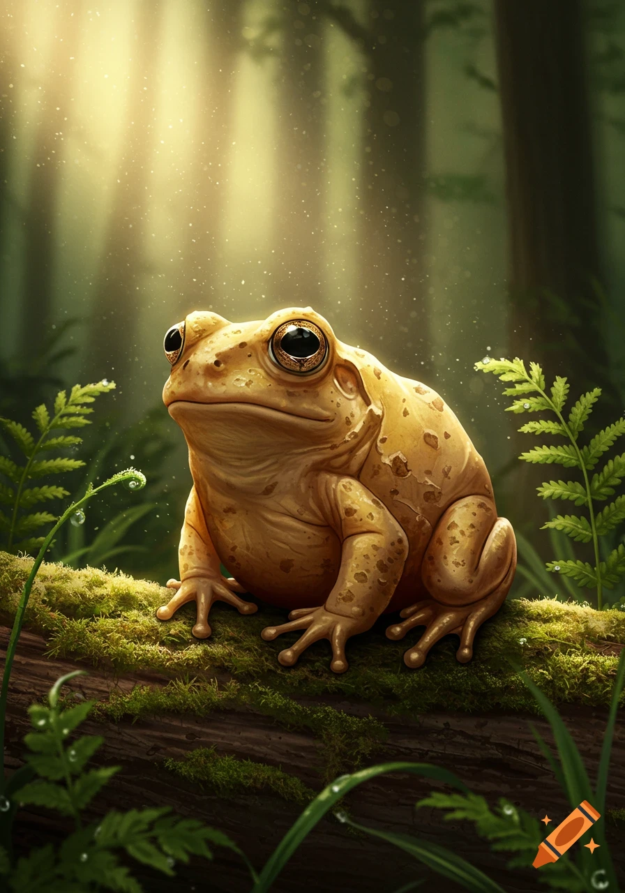 A plump golden-brown frog with large eyes sits on a mossy log in a sunlit, detailed forest scene.