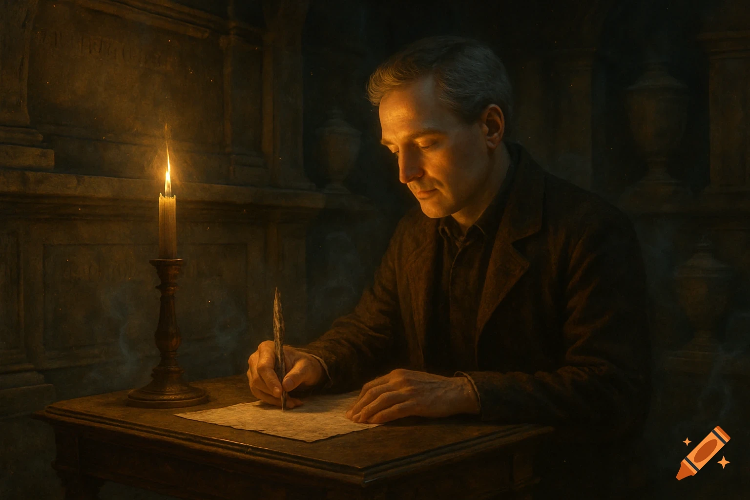 A beardless middle-aged man writes with a quill by candlelight on a desk in a dark, atmospheric room with carved stone walls.