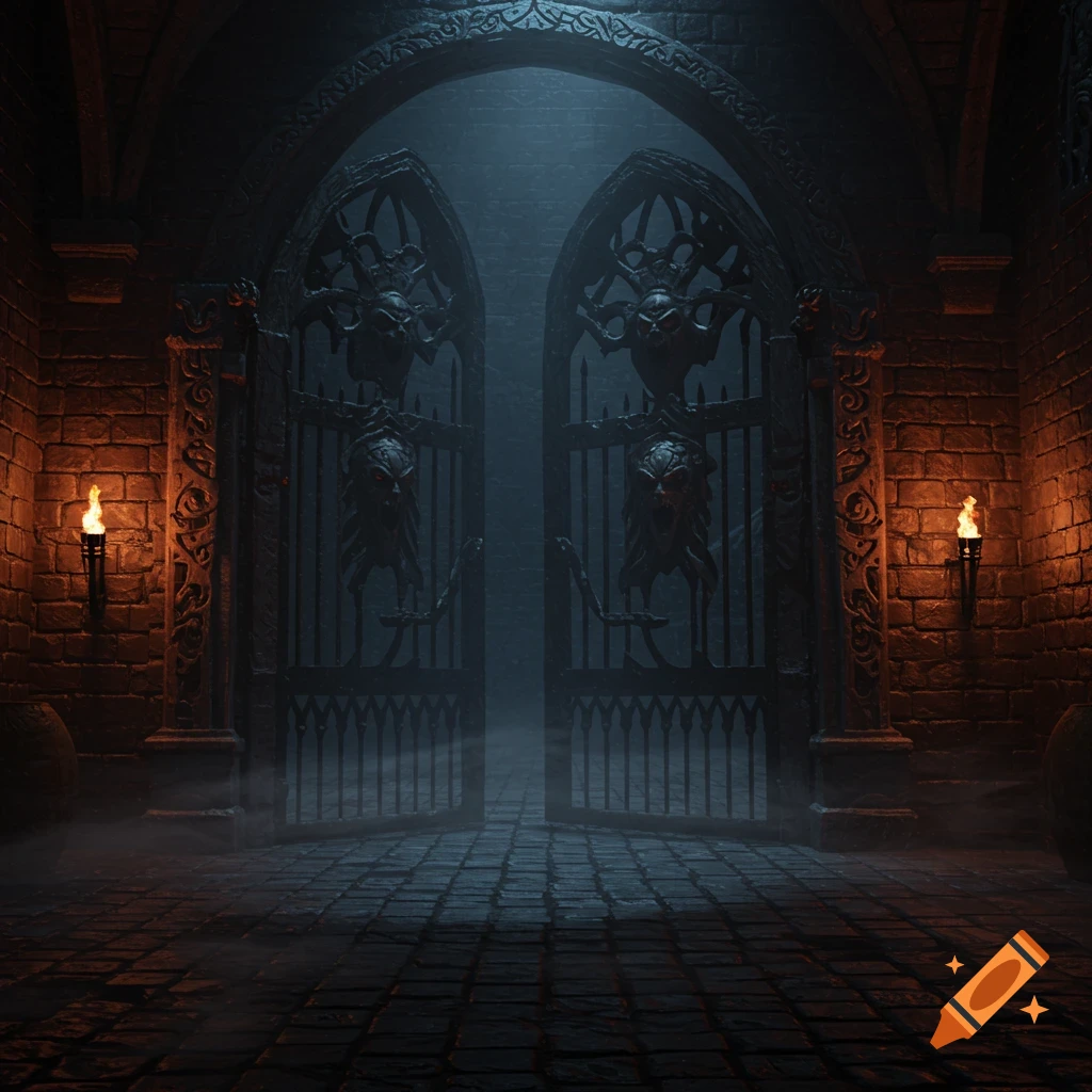 Dark gothic dungeon entrance with ornate demonic gates, torches, and misty ground, rendered in a PS1 retro style.