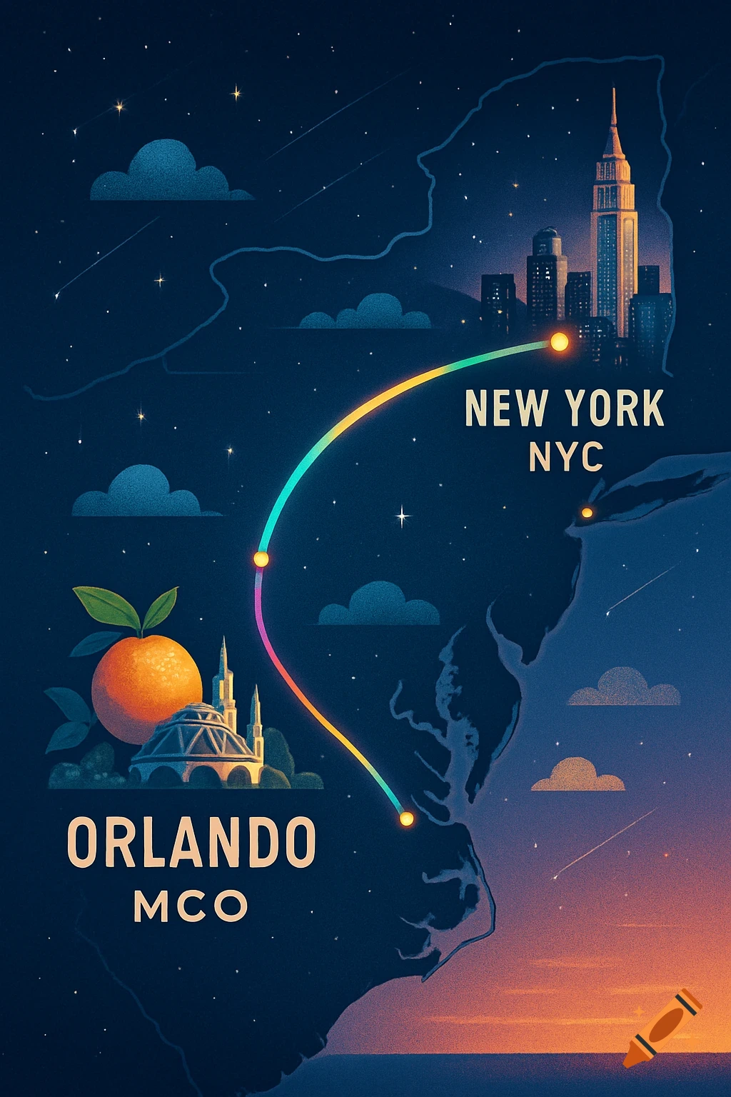 Stylized night map showing a flight path from Orlando (MCO) to New York (NYC), with landmarks, an orange, and city skylines.