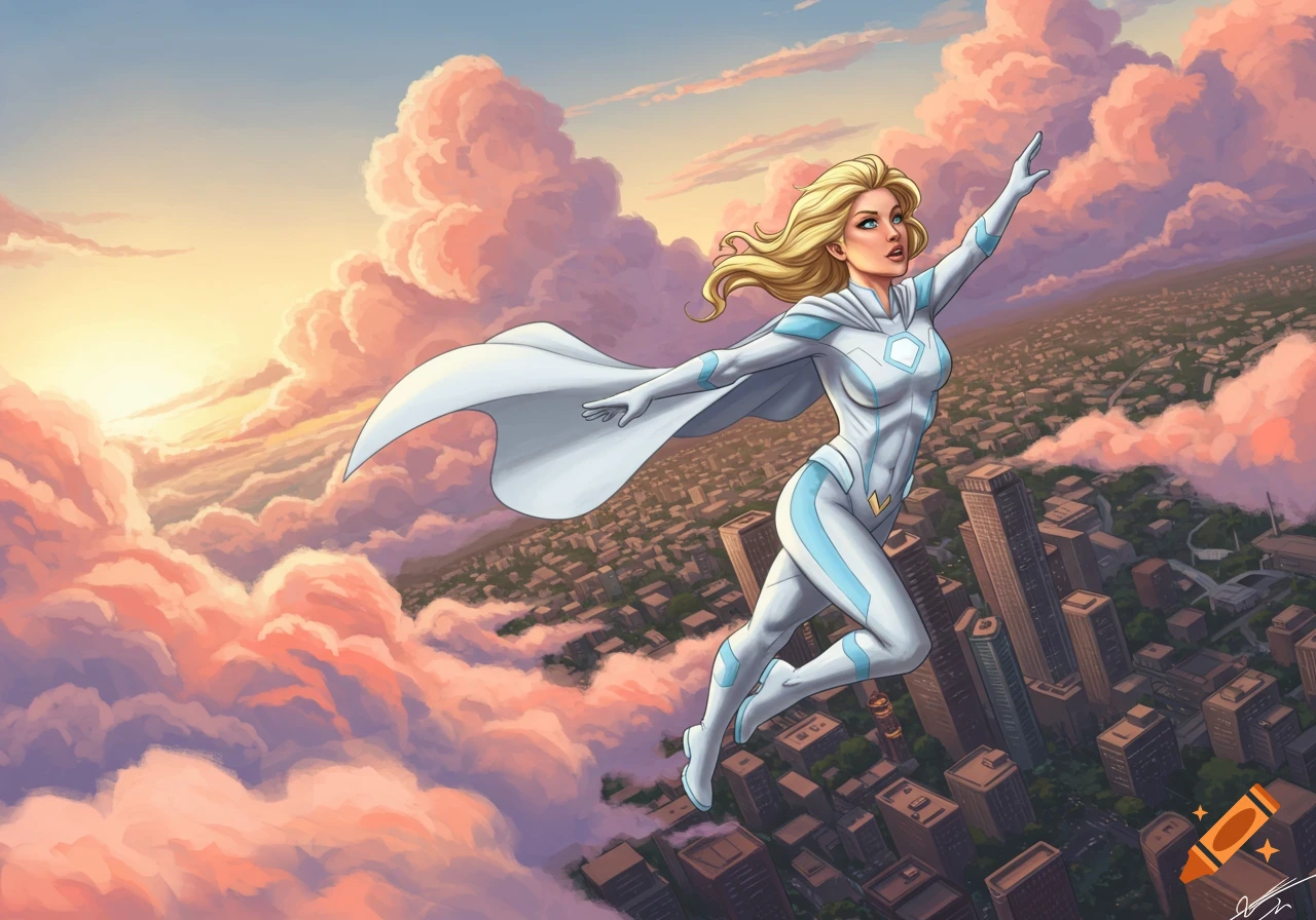 A female superhero in a white and light blue suit flies above a city at  sunset, with pink clouds. on Craiyon, image size:1280x896