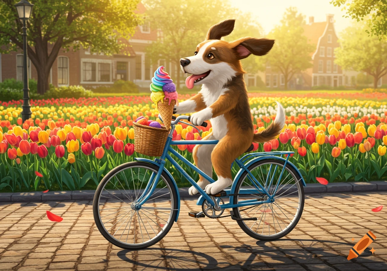 A cute cartoon puppy rides a blue bicycle through a field of colorful tulips, holding a rainbow ice cream cone.