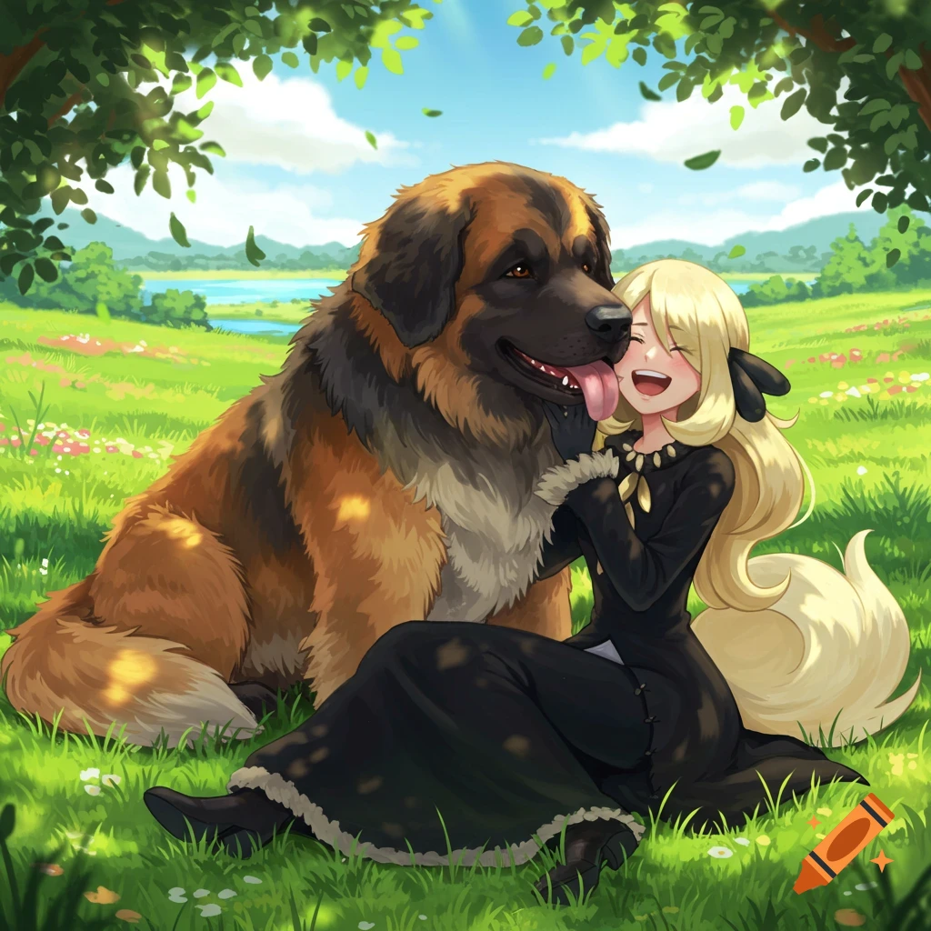 Anime style illustration of Cynthia the Pokemon Champion hugging a large Leonberger dog in a sunny, grassy field as the dog licks her face.