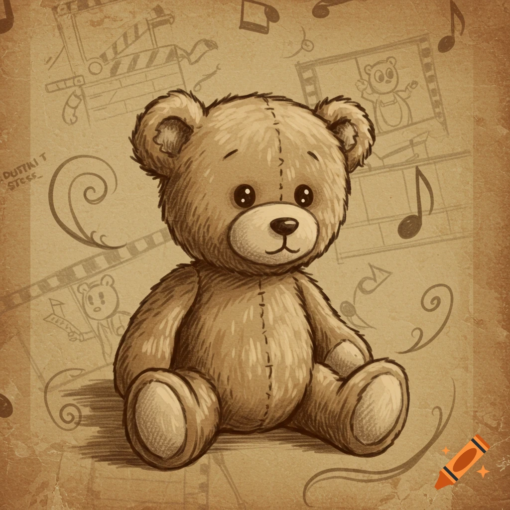 A cute, sepia-toned teddy bear in a vintage sketch style on aged paper, surrounded by musical notes and film doodles.