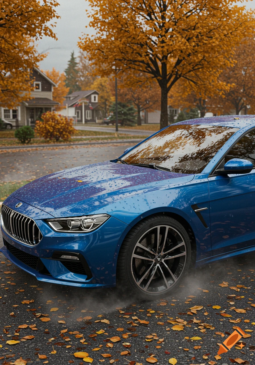 A photorealistic image of a blue luxury car covered in raindrops, parked on a wet, leaf-strewn street during autumn.