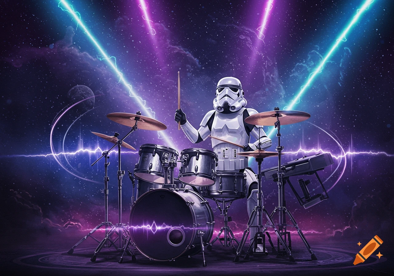 A Stormtrooper plays a drum kit on a stage with a cosmic background featuring vibrant purple and blue lightning.