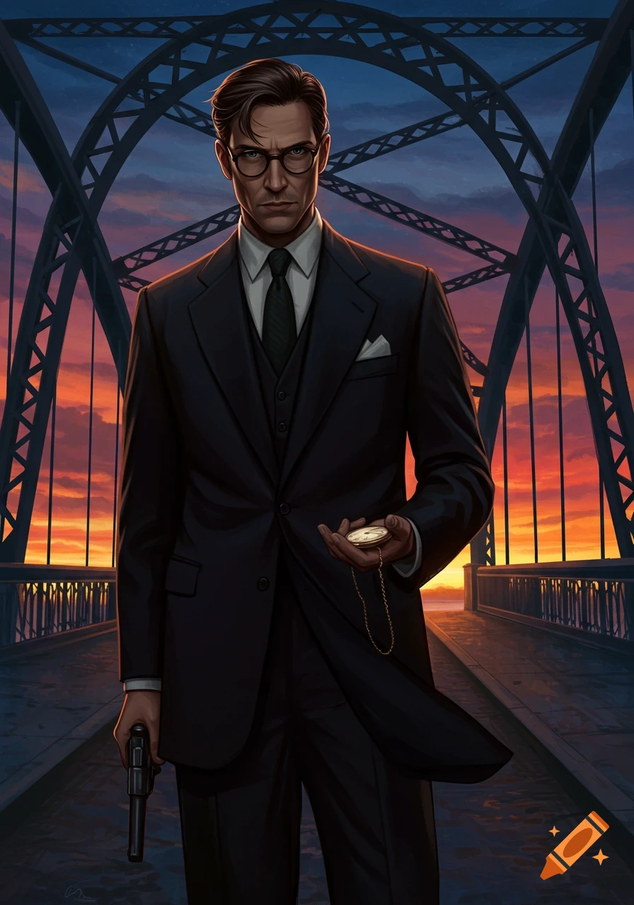 A man in a dark suit and glasses holds a gun and a pocket watch while standing on a bridge at sunset, in an illustrative style.