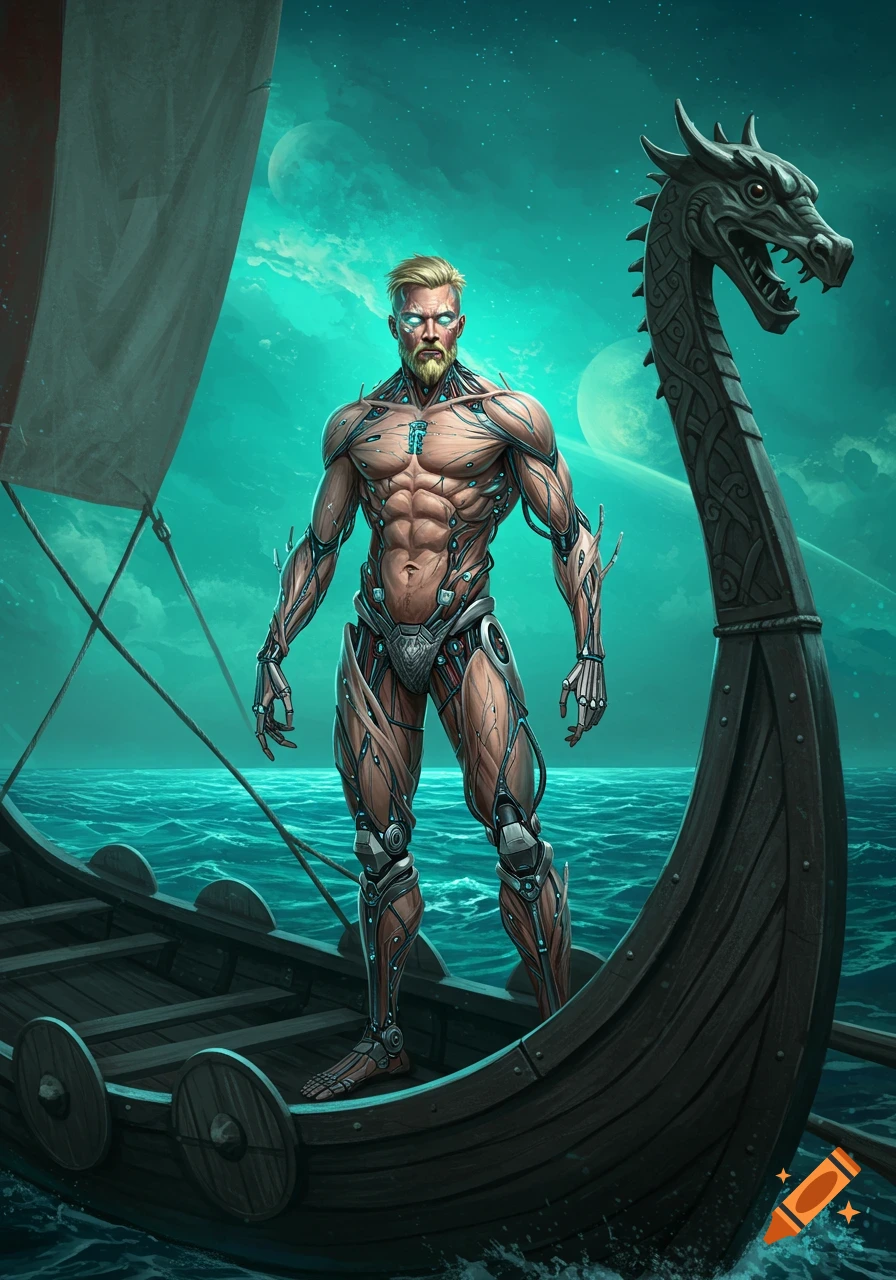 A blonde, bearded cyborg Viking with glowing eyes, bio-organic body, and robotic limbs stands on a Viking longship with a dragon figurehead, sailing an alien ocean under a teal alien sky. Digital art.
