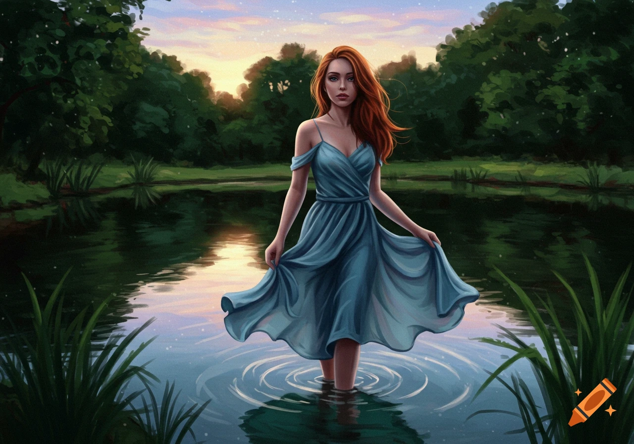 A red-haired woman in a blue dress stands in a serene forest pond at sunset in a digital painting.