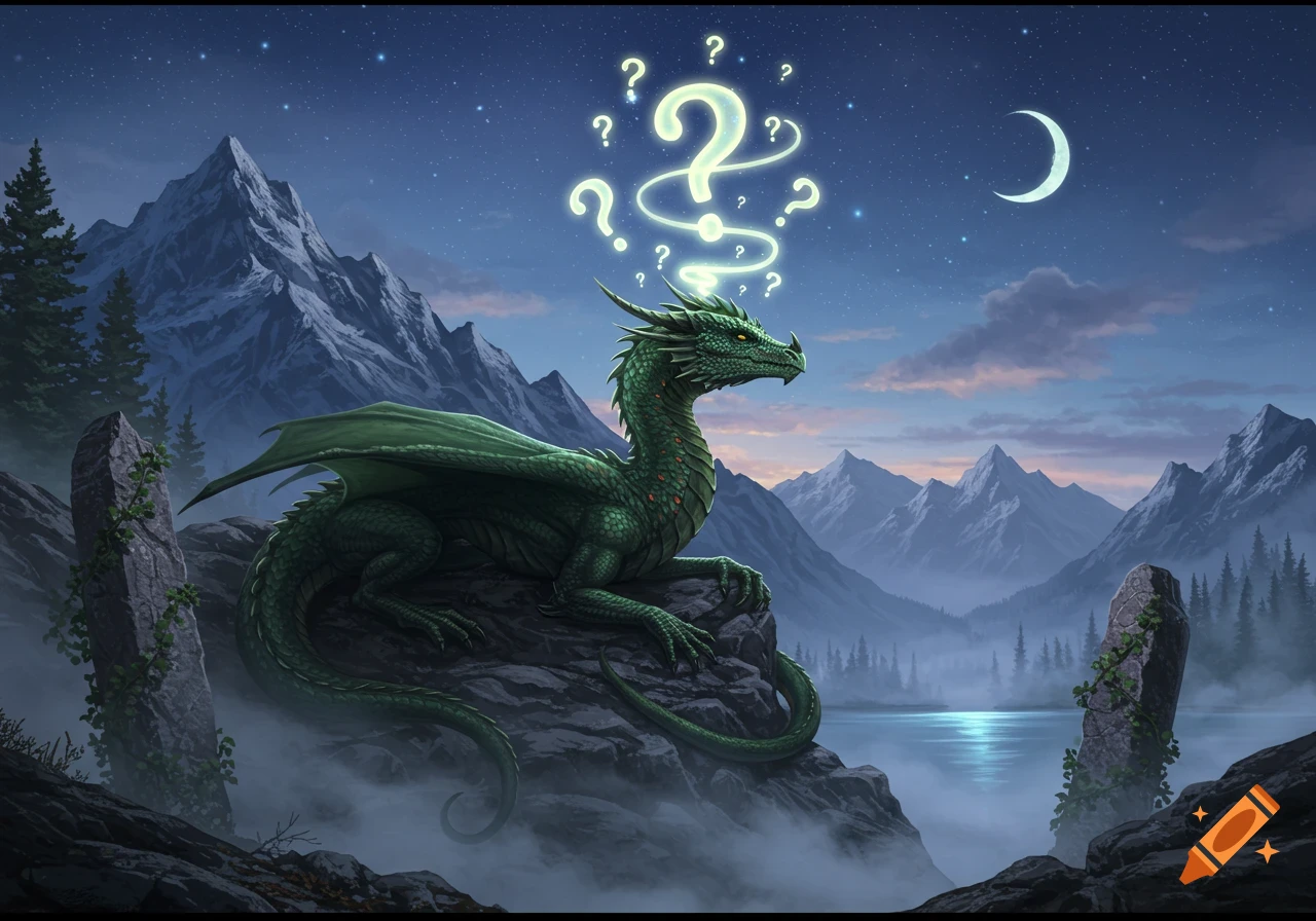 A green dragon with glowing question marks above its head sits on a cliff, overlooking a moonlit mountain lake under a starry night.