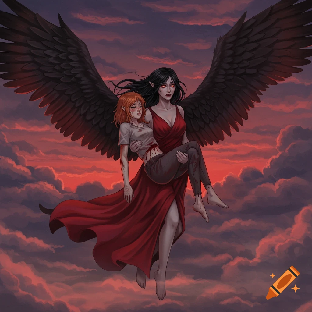 A black-winged woman in a red dress flies through a sunset sky, carrying an injured, red-haired woman.