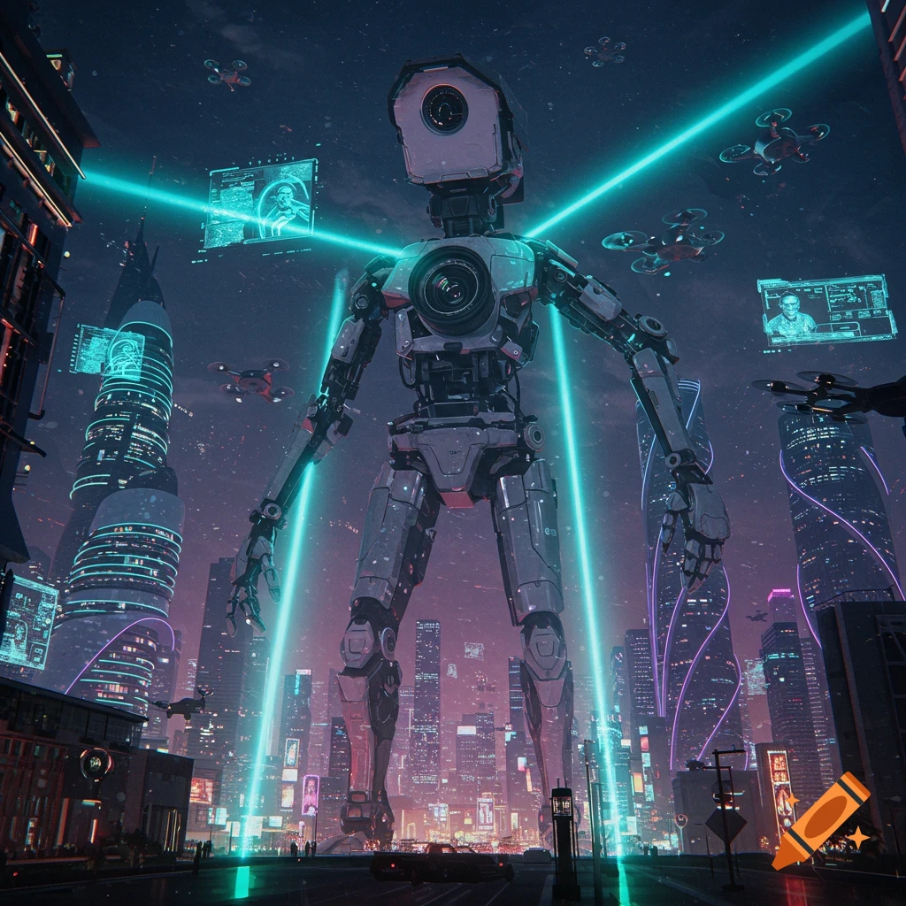 Giant robot with a camera lens for a head stands in a futuristic city at night, surrounded by neon-lit skyscrapers, flying drones, and glowing data screens, in a sci-fi art style.