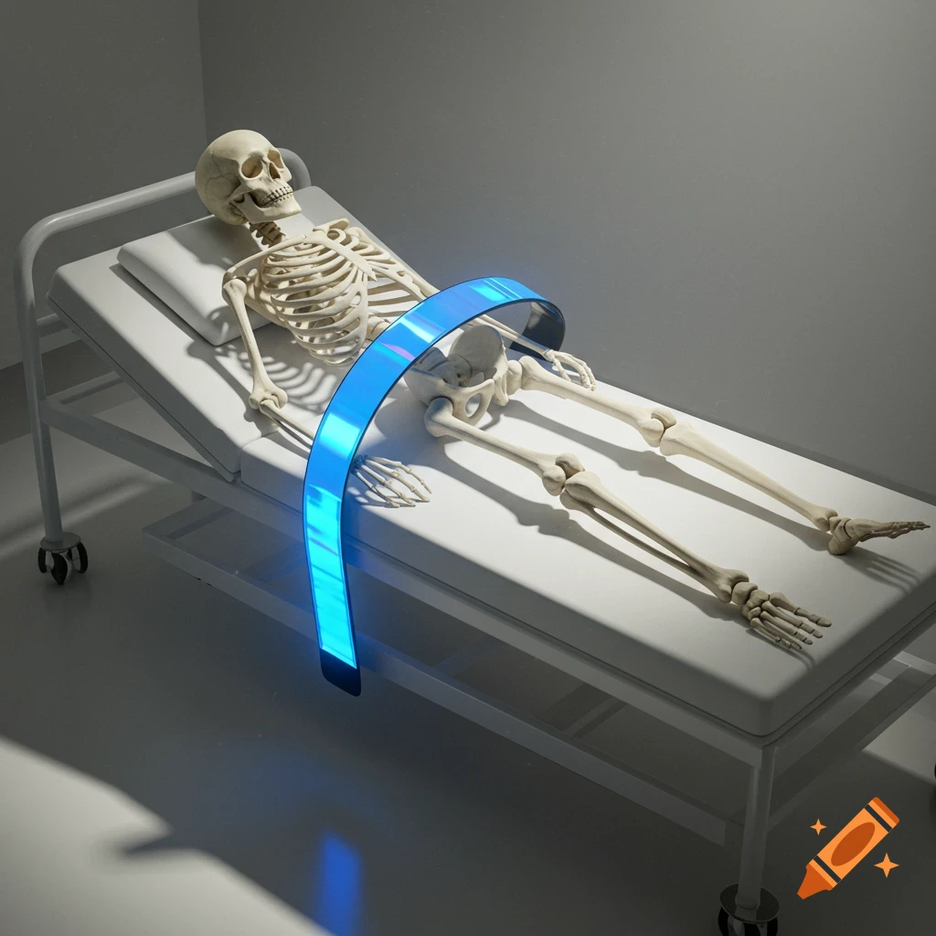 A photorealistic skeleton lies on a hospital bed, with a glowing blue reflective belt around its waist.