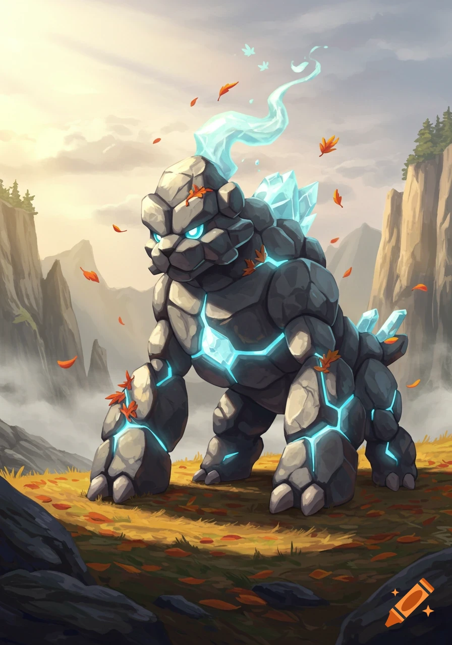 A cartoonish rock creature with glowing blue lines and ice shards on its back stands in an autumn mountain landscape.