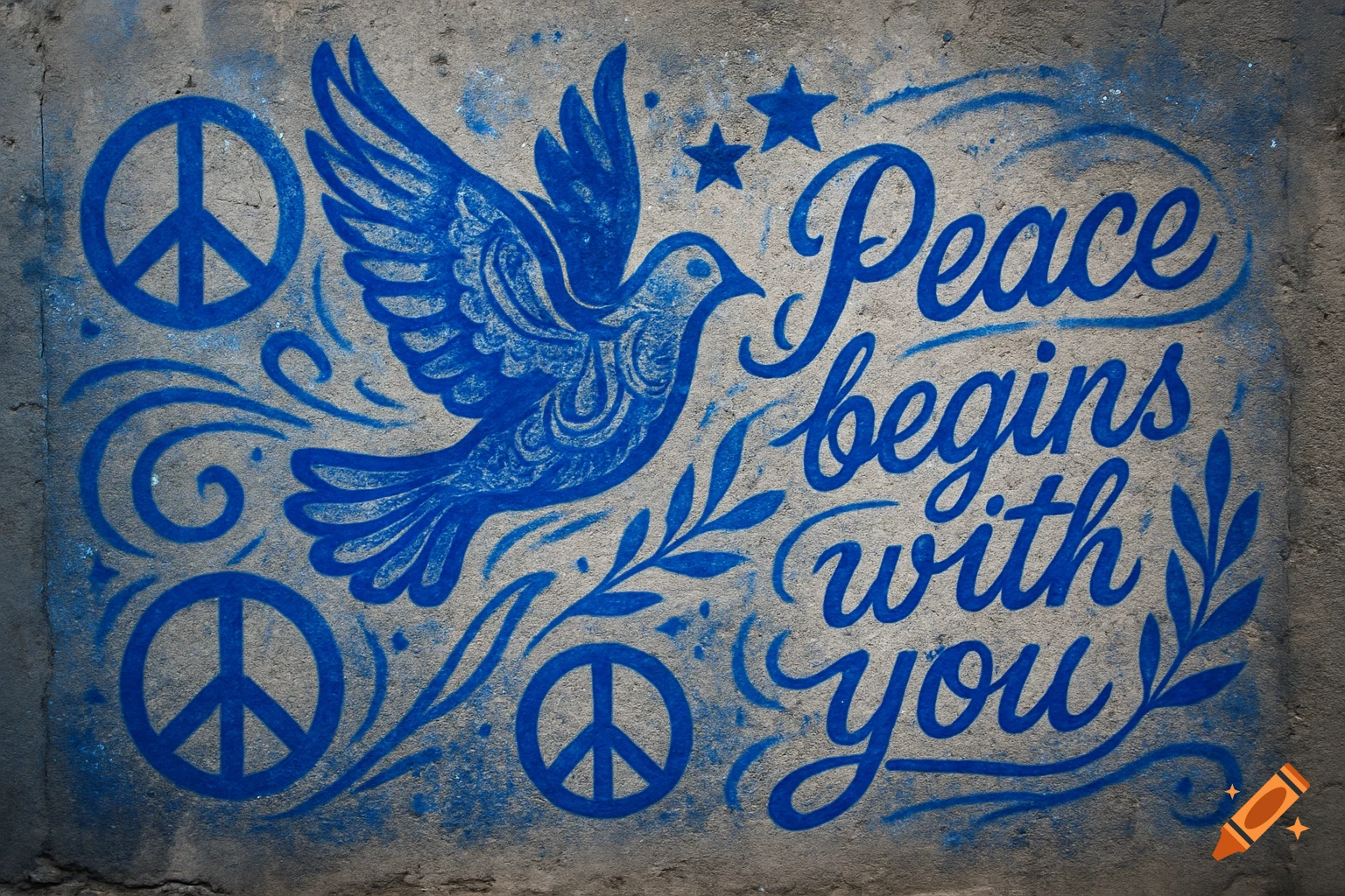 Blue graffiti on a concrete wall with a dove, peace symbols, and the words 'Peace begins with you'.
