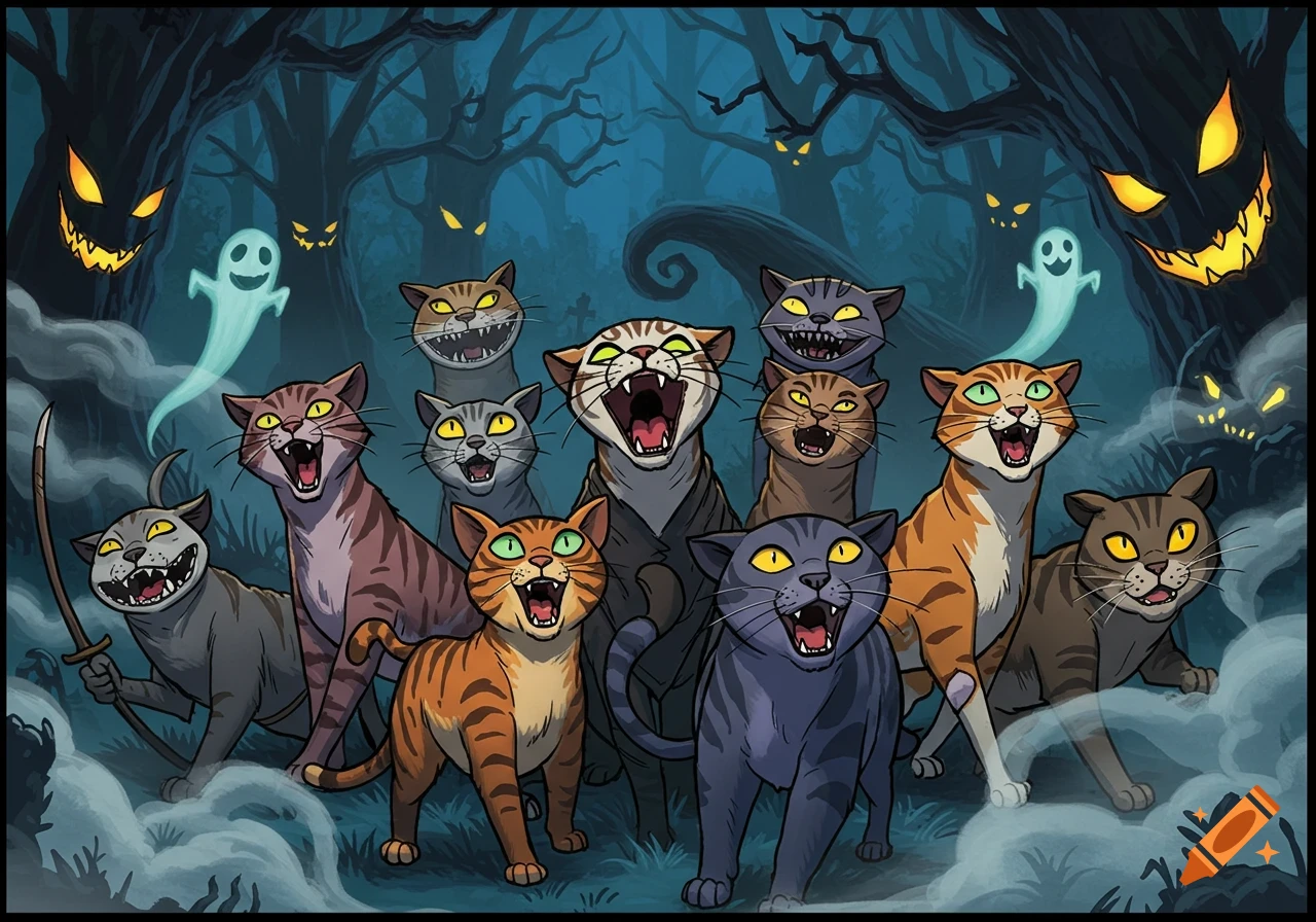 A group of stylized cartoon cats with sharp teeth and glowing eyes in a spooky forest with jack-o'-lantern trees and ghosts, in a comic art style.
