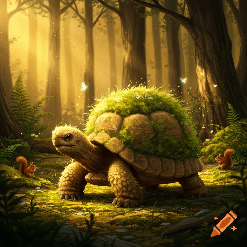 A whimsical, moss-covered tortoise walks on a sun-drenched forest path, flanked by two squirrels and butterflies.