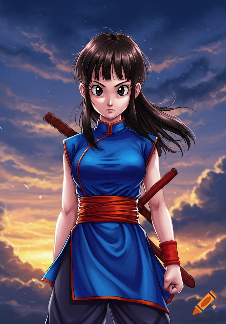 Anime character Chi-Chi from Dragon Ball Z, with long dark hair, in a blue martial arts dress with an orange sash, holding two staves, against a dramatic sunset sky.
