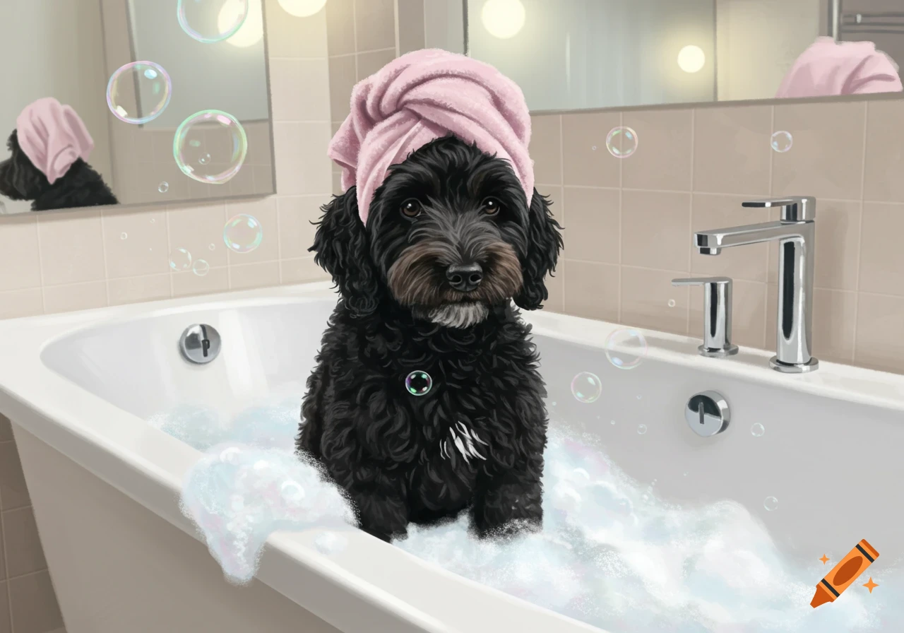 A cartoon black goldendoodle puppy wearing a pink towel on its head sits in a bubbly bathtub with reflections and floating bubbles.