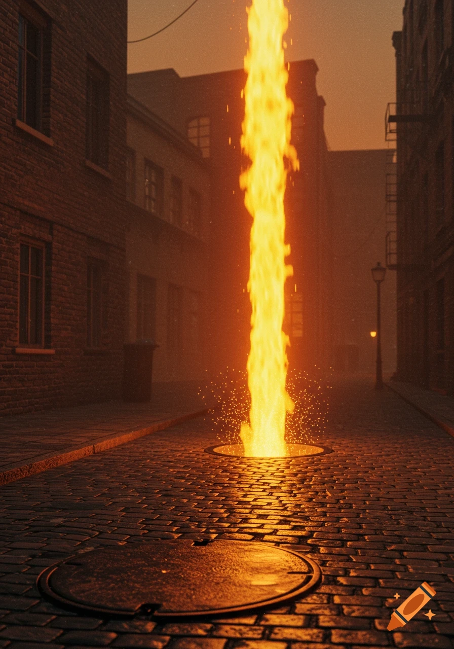 A vibrant orange fire beam erupts from a manhole in a dark, cobblestone alley bordered by brick buildings, casting a warm glow.