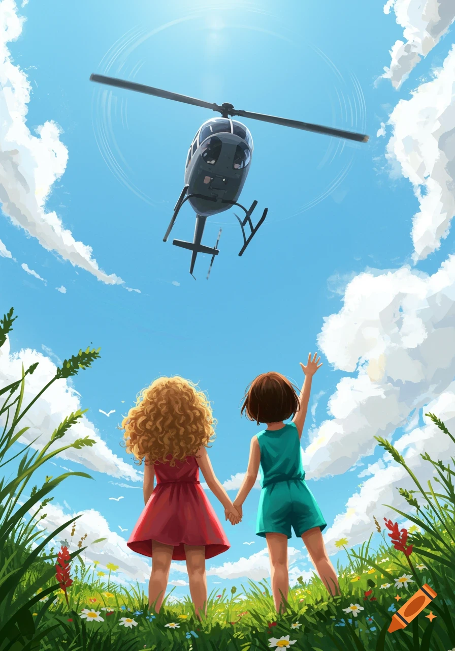 Two girls in a grassy field wave up at a helicopter flying in a bright blue sky, illustration style.