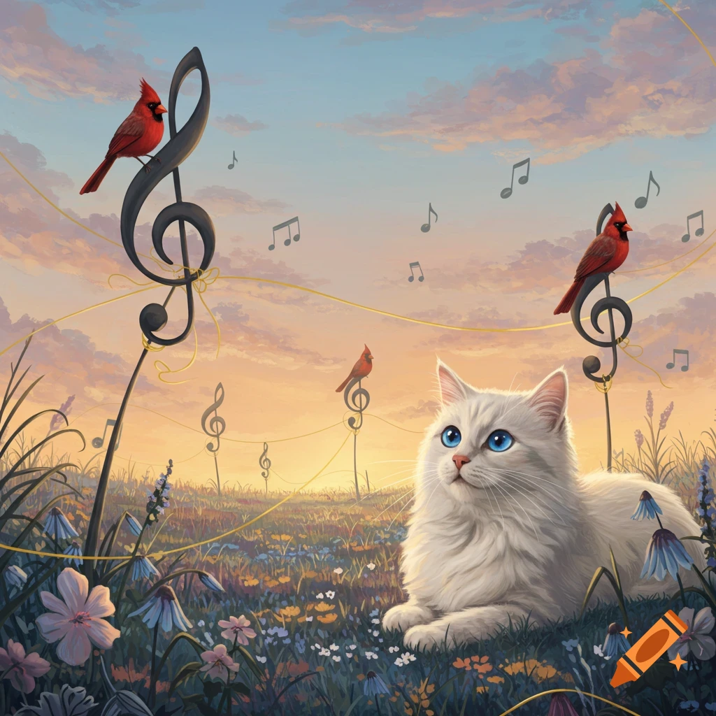 A white cat with blue eyes lies in a wildflower field with red cardinals on treble clefs and musical notes under a sunset sky.