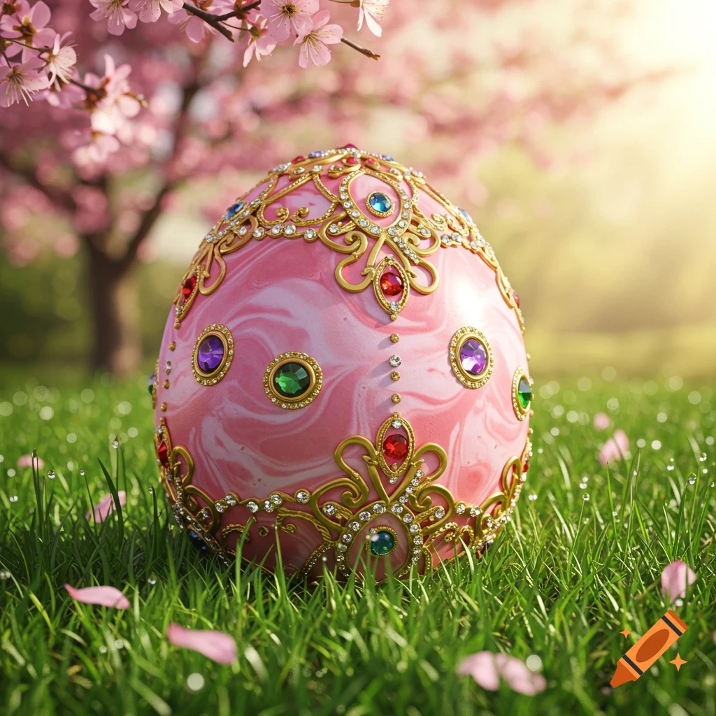 A lavish pink Easter egg adorned with gold filigree and colorful jewels rests in dewy grass beneath cherry blossoms.