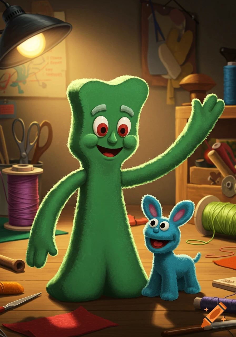 A green Gumby-like Muppet waves next to a small blue rabbit-like Muppet in a cozy crafting room filled with spools of thread and tools.