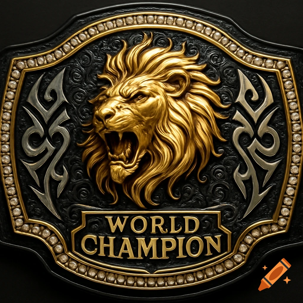 A detailed gold and silver championship belt featuring a roaring lion's head and the text 'WORLD CHAMPION'.