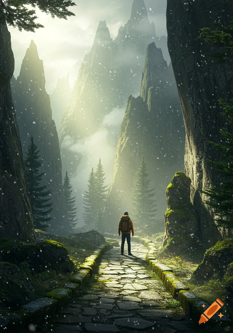 A hiker walks on a snowy stone path through a dramatic mountain pass with towering peaks, pine trees, and bright light.