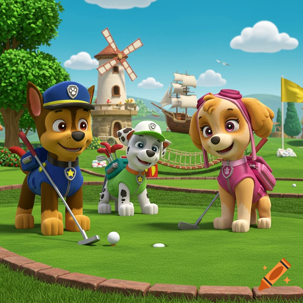 Paw Patrol characters Chase, Marshall, and Skye play golf on a green course with a windmill and ship in the background in a cartoon style.