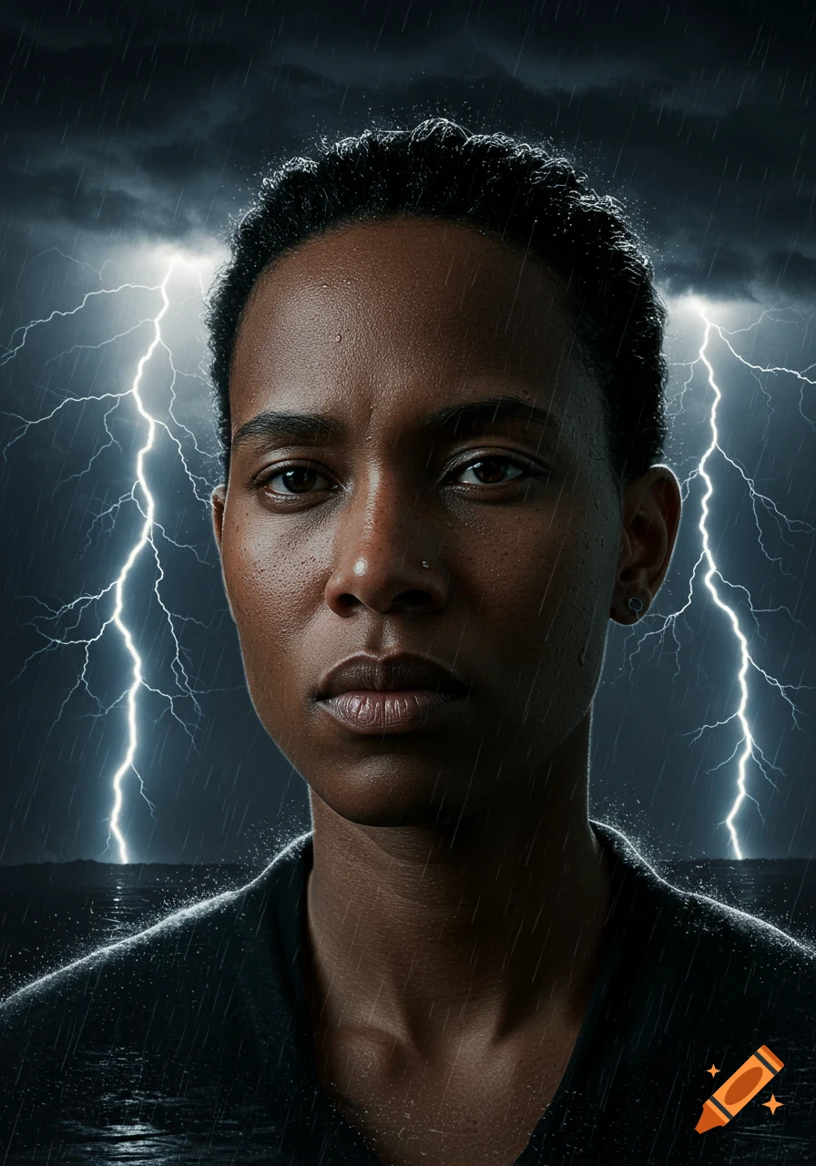 Close-up photorealistic portrait of a person in heavy rain under a dark stormy sky with lightning flashes.