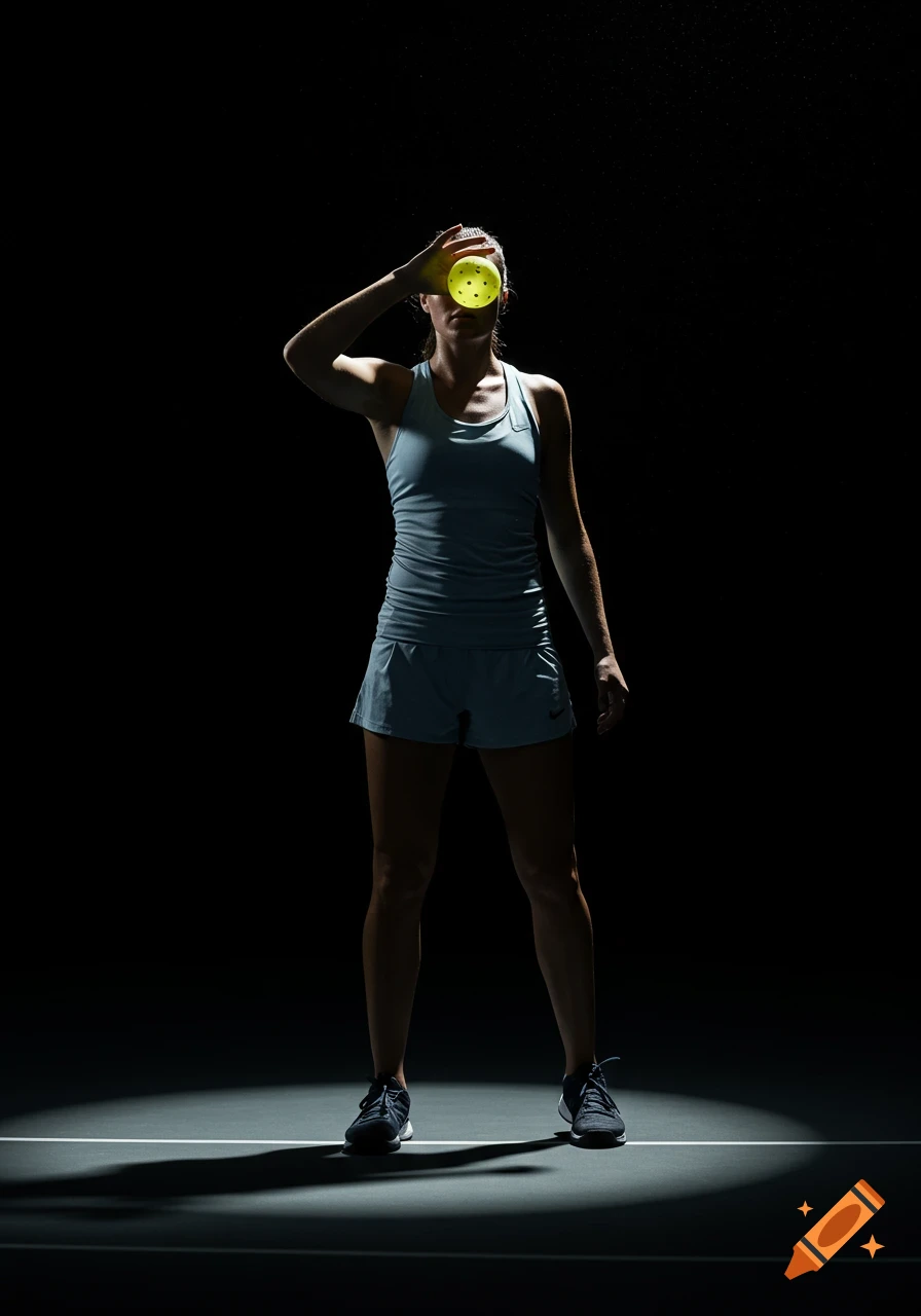 Photorealistic image of a female pickleball player in light blue sportswear, standing on a court with a dark background, shading her eyes with a yellow pickleball ball.