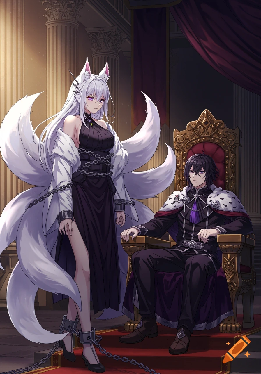 Anime art of a chained white-haired kitsune woman standing before a king on a golden throne in a regal room.